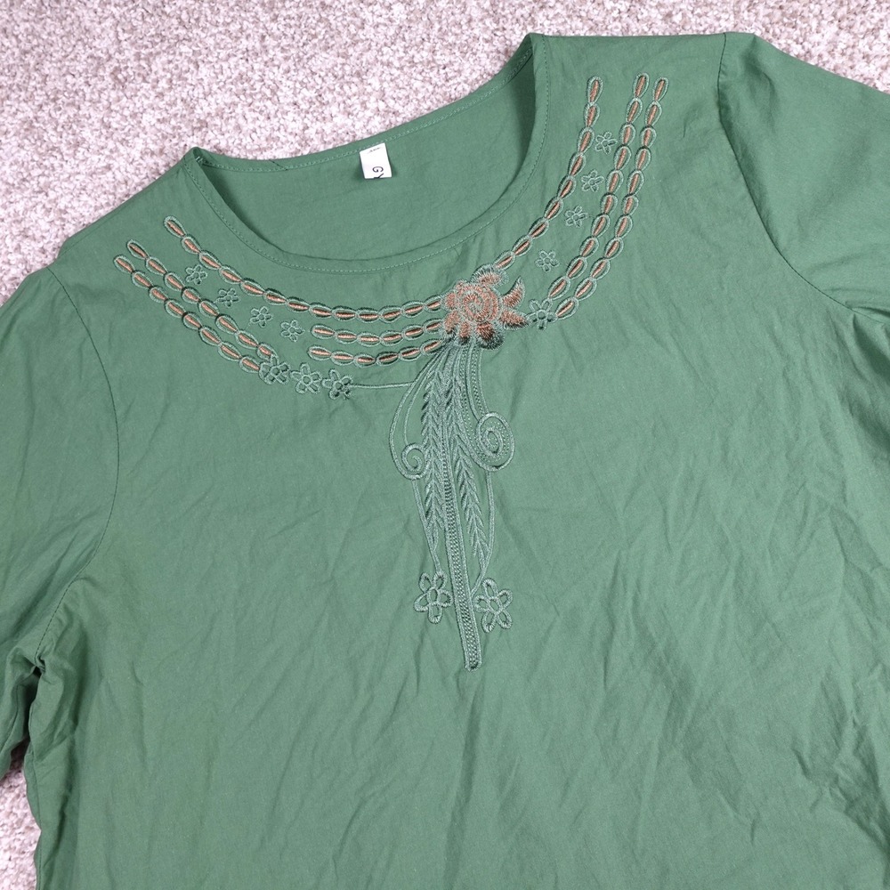 GYH Green Embroidered Neckline Short Sleeve Blouse Plus Size 2XL Boho Top‎
